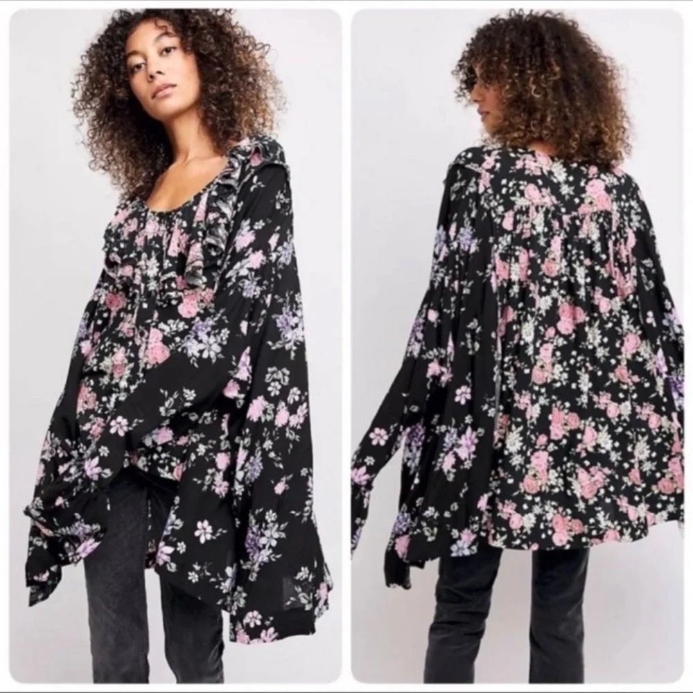 Free People Loretta Floral Ruffle Tunic Top Oversized Boho Bell Sleeve Sz M